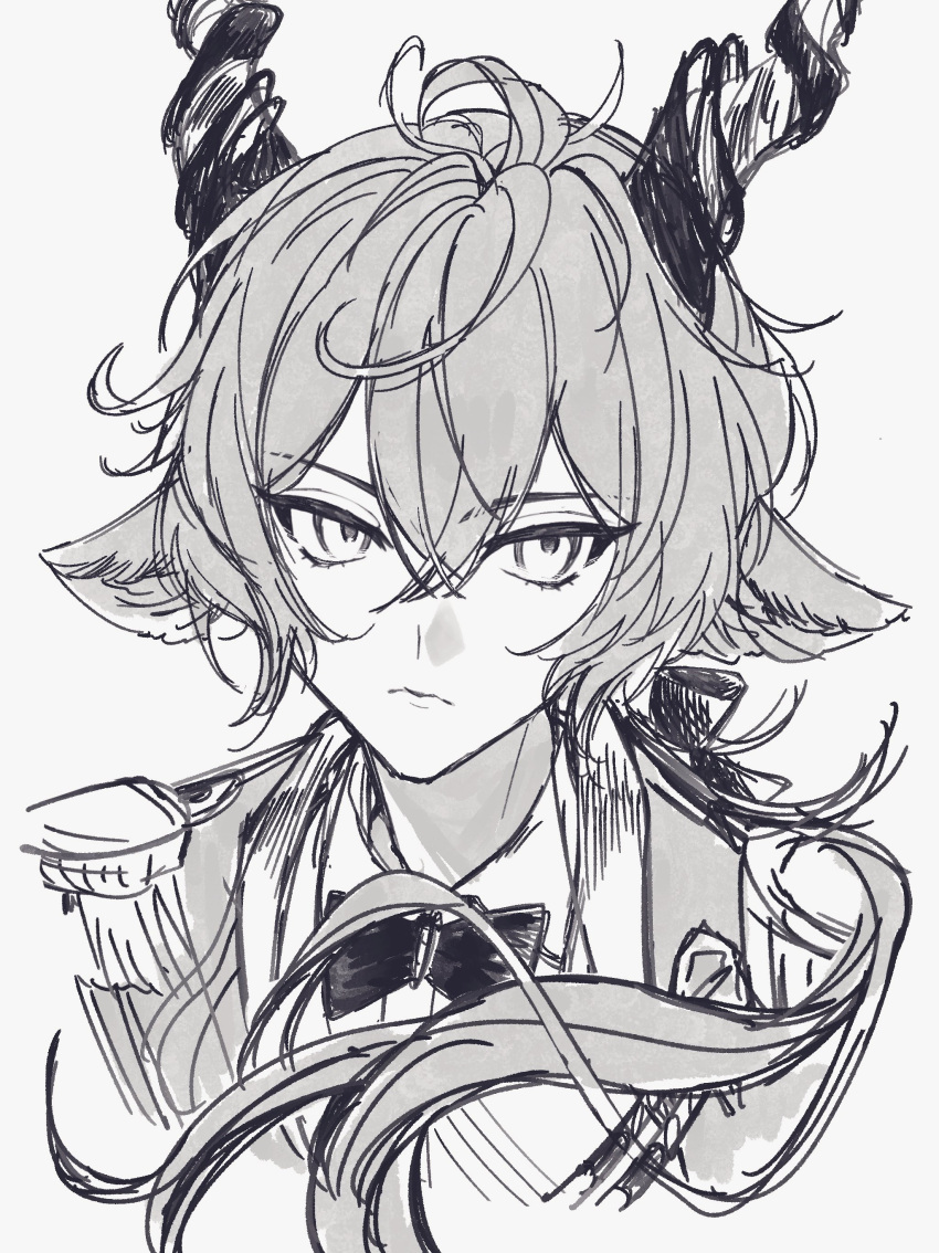 1boy, absurdres, ahoge, animal_ears, arknights, bow, bowtie, closed_mouth