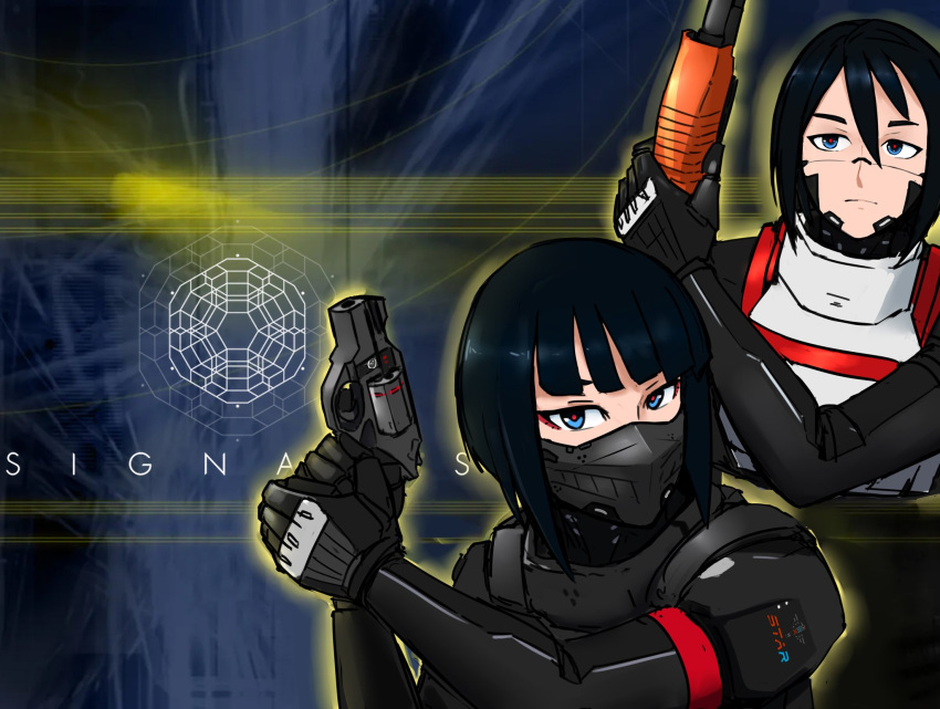 2girls, android, armor, black_hair, blue_eyes, blue_hair, bullpup, commentary