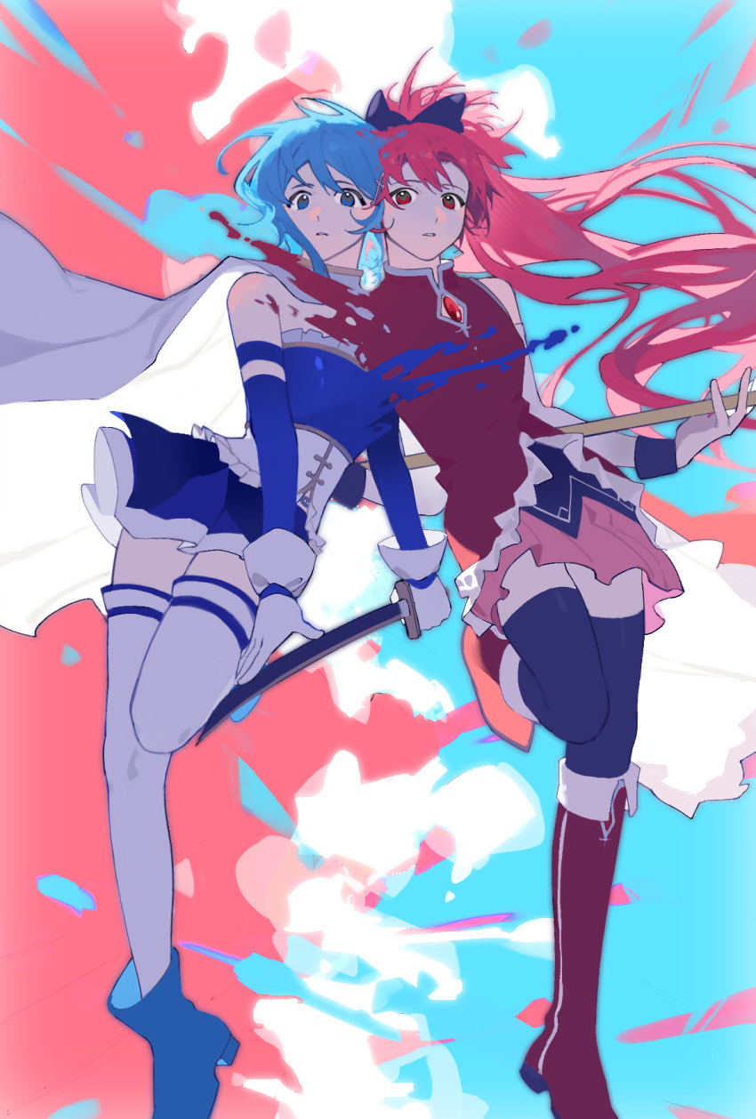 2girls, black_thighhighs, blue_eyes, blue_footwear, blue_hair, blue_skirt, bodice, boots