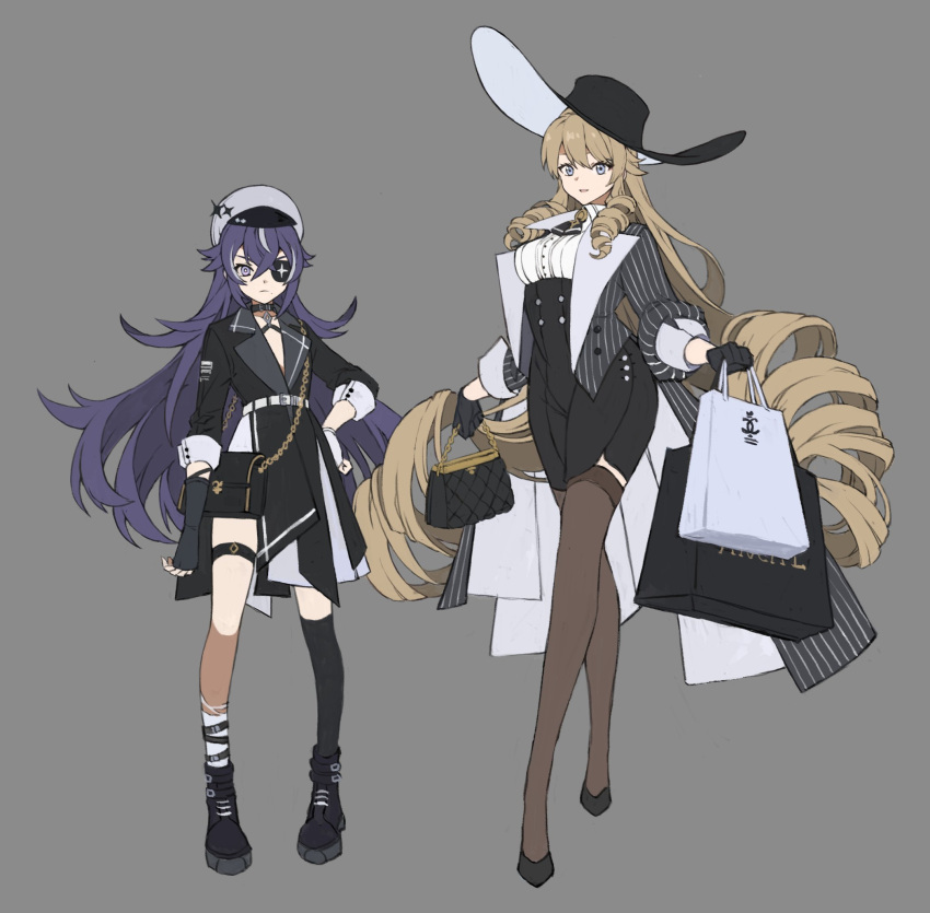 2girls, alternate_costume, bag, black_headwear, black_skirt, black_thighhighs, breasts, brown_thighhighs