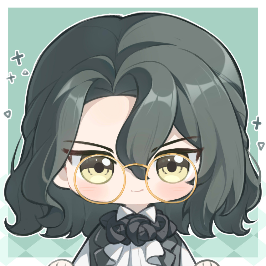 1boy, absurdres, ai_chi_guobaoyou, ascot, black_flower, black_hair, black_vest, chibi