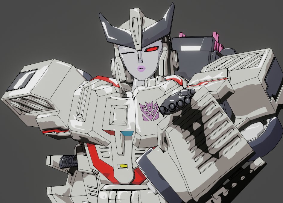 1girl, 3d, andypurro, blender_(medium), blowing_kiss, colored_skin, decepticon, grey_background
