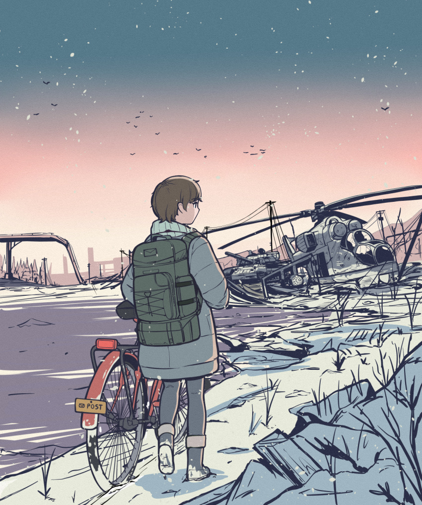 1girl, abandoned, aircraft, backpack, bag, bicycle, boots, brown_hair
