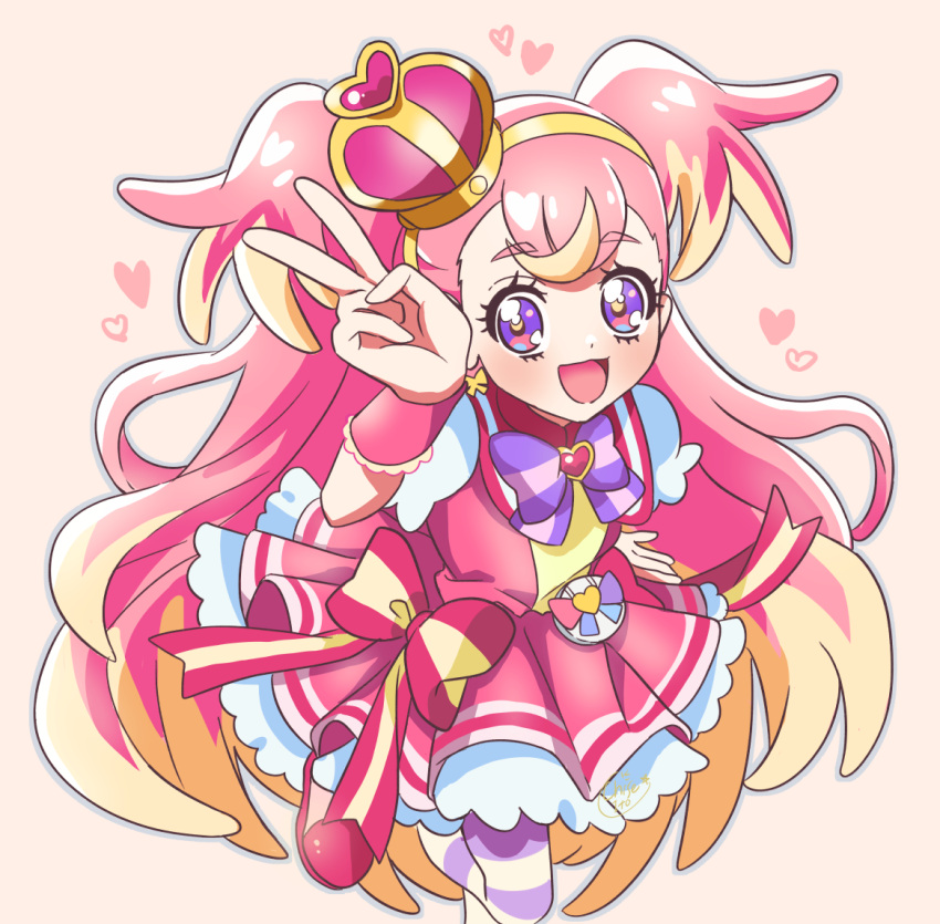 1girl, :d, blonde_hair, blue_eyes, blush, bow, bow_earrings, bright_pupils, crown, cure_wonderful, dot_nose, dress, dress_bow, earrings, hairband, heart, inukai_komugi, jewelry, long_hair, looking_at_viewer, magical_girl, mini_crown, multicolored_bow, multicolored_eyes, multicolored_hair, multicolored_pantyhose, open_mouth, orange_(orangelv20), pantyhose, petticoat, pink_background, pink_dress, pink_footwear, pink_hair, pink_theme, pouch, precure, puffy_sleeves, purple_bow, shoes, short_dress, simple_background, smile, solo, standing, standing_on_one_leg, streaked_hair, striped, striped_bow, striped_pantyhose, two-tone_hair, two_side_up, v, violet_eyes, wonderful_precure!, wrist_cuffs, yellow_hairband