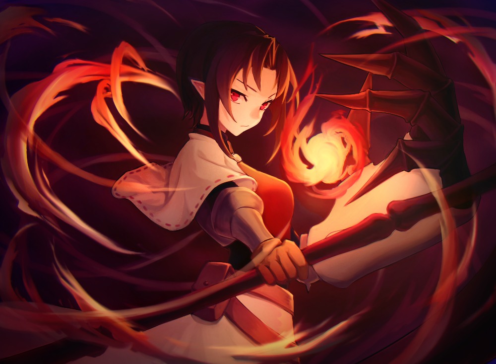 1girl, armor, asc_(sfhiro), belt, black_background, black_gloves, brown_hair, claws, closed_mouth, cowboy_shot, expressionless, fire, from_side, gauntlets, glaring, gloves, hiro_(spectral_force), holding, holding_staff, looking_at_viewer, parted_bangs, pointy_ears, pouch, red_armor, red_eyes, short_hair, simple_background, skirt, solo, spectral_(series), spectral_force, staff, standing, white_skirt