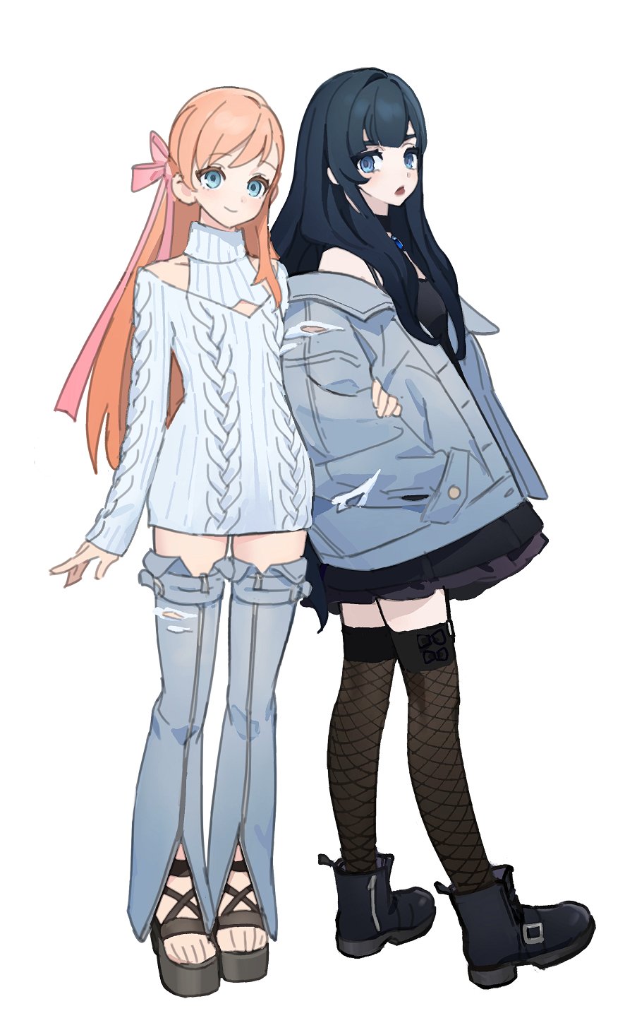 2girls, adapted_costume, alternate_costume, ankle_boots, arm_at_side, arm_grab, bare_shoulders, black_choker