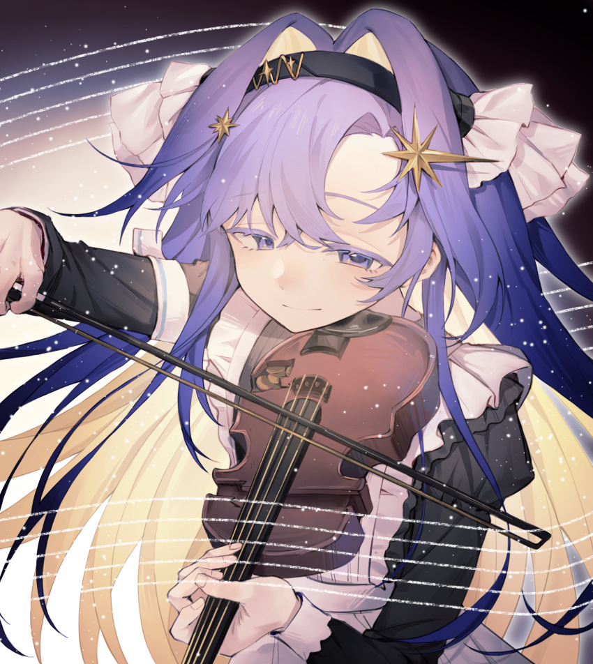 1girl, apron, black_background, black_dress, black_hairband, blonde_hair, blue_eyes, blue_hair