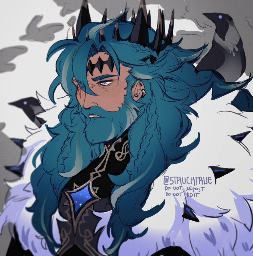 1boy, beard, beard_over_mouth, black_crown_(object), blue_hair, braided_sidelock, character_request, dark-skinned_male