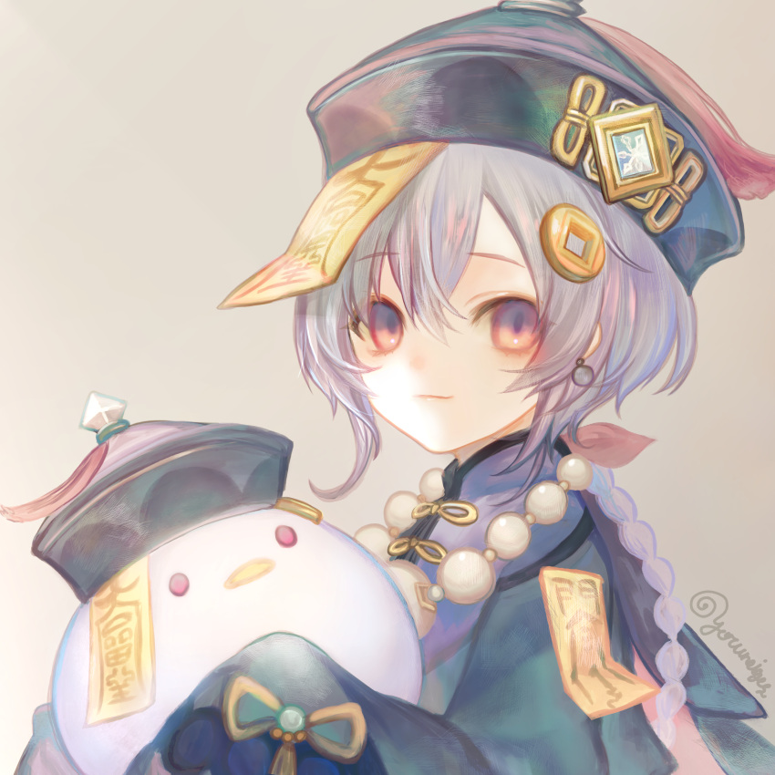 1girl, absurdres, braid, coin_hair_ornament, genshin_impact, grey_background, hair_ornament, hat