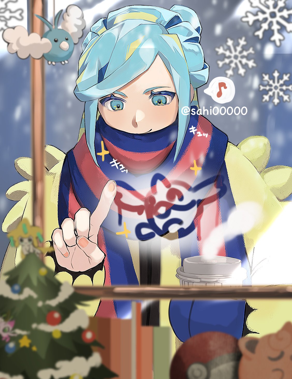 1boy, alternate_color, artist_name, bird, blue_eyes, blue_hair, blurry, blurry_foreground, celebi, cetoddle, christmas_tree, closed_mouth, commentary_request, grusha_(pokemon), highres, jigglypuff, jirachi, musical_note, otoko_no_ko, poke_ball, pokemon, pokemon_(creature), pokemon_sv, sahi00000, shiny_pokemon, smile, snowflakes, spoken_musical_note, swablu, translation_request, twitter_username, window