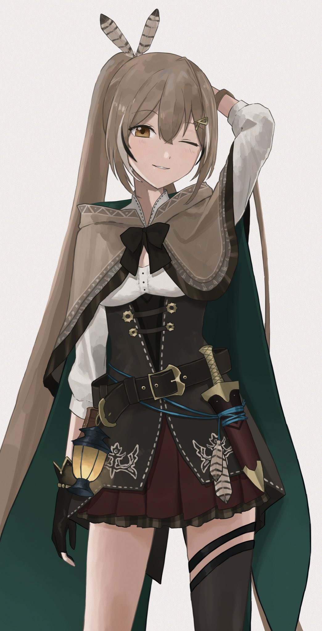 1girl, belt, black_bow, black_gloves, bow, brown_belt, brown_capelet, brown_corset