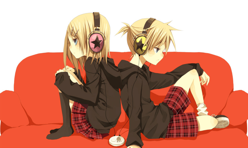 bad_id, blonde_hair, blue_eyes, couch, hair_ornament, hairclip, headphones, hinazawa_kirie