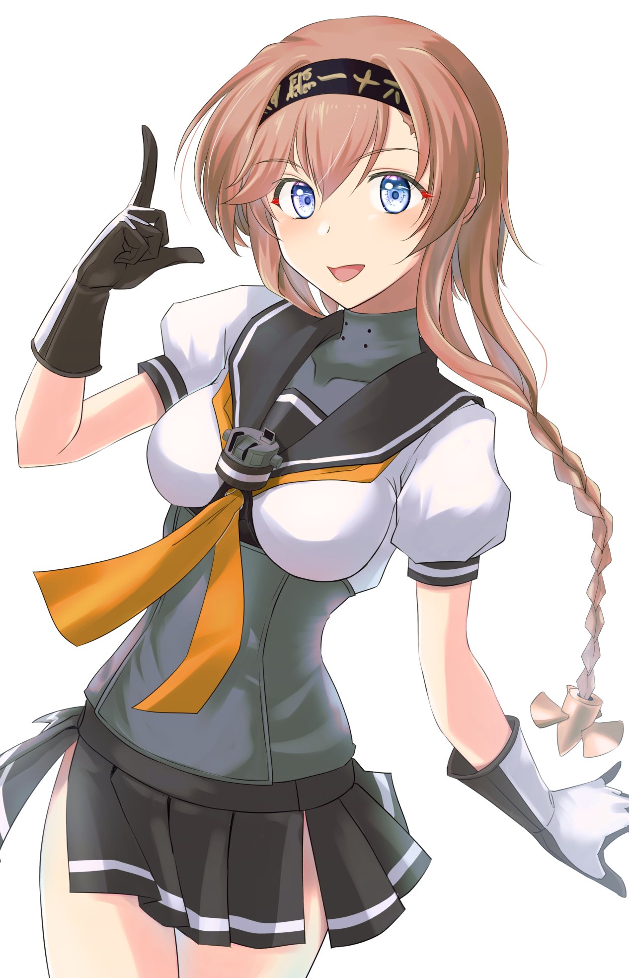 1girl, black_headband, black_sailor_collar, black_skirt, blue_eyes, braid, breasts, clothes_writing