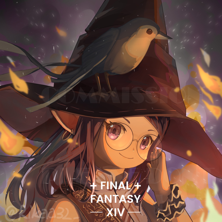 1girl, adjusting_eyewear, animal_on_head, bird, bird_on_head, black_hair, black_headwear, black_mage