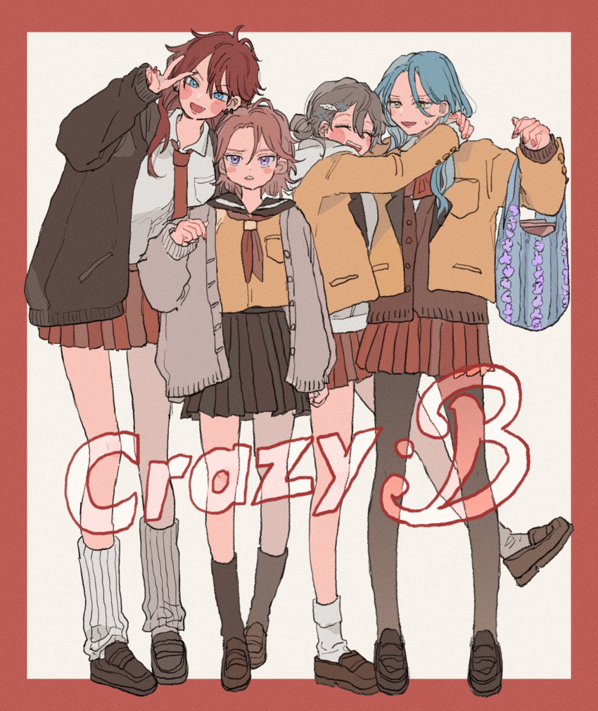 4girls, amagi_rinne, black_leggings, blazer, blue_eyes, blue_hair, blush, border, brown_cardigan, brown_skirt, cardigan, closed_eyes, crazy_b_(ensemble_stars!), dppy_tmg, ensemble_stars!, full_body, genderswap, genderswap_(mtf), grey_background, grey_hair, highres, himeru_(ensemble_stars!), jacket, leggings, multiple_girls, oukawa_kohaku, pink_hair, red_border, red_skirt, redhead, shiina_niki, skirt, violet_eyes, yellow_eyes, yellow_jacket