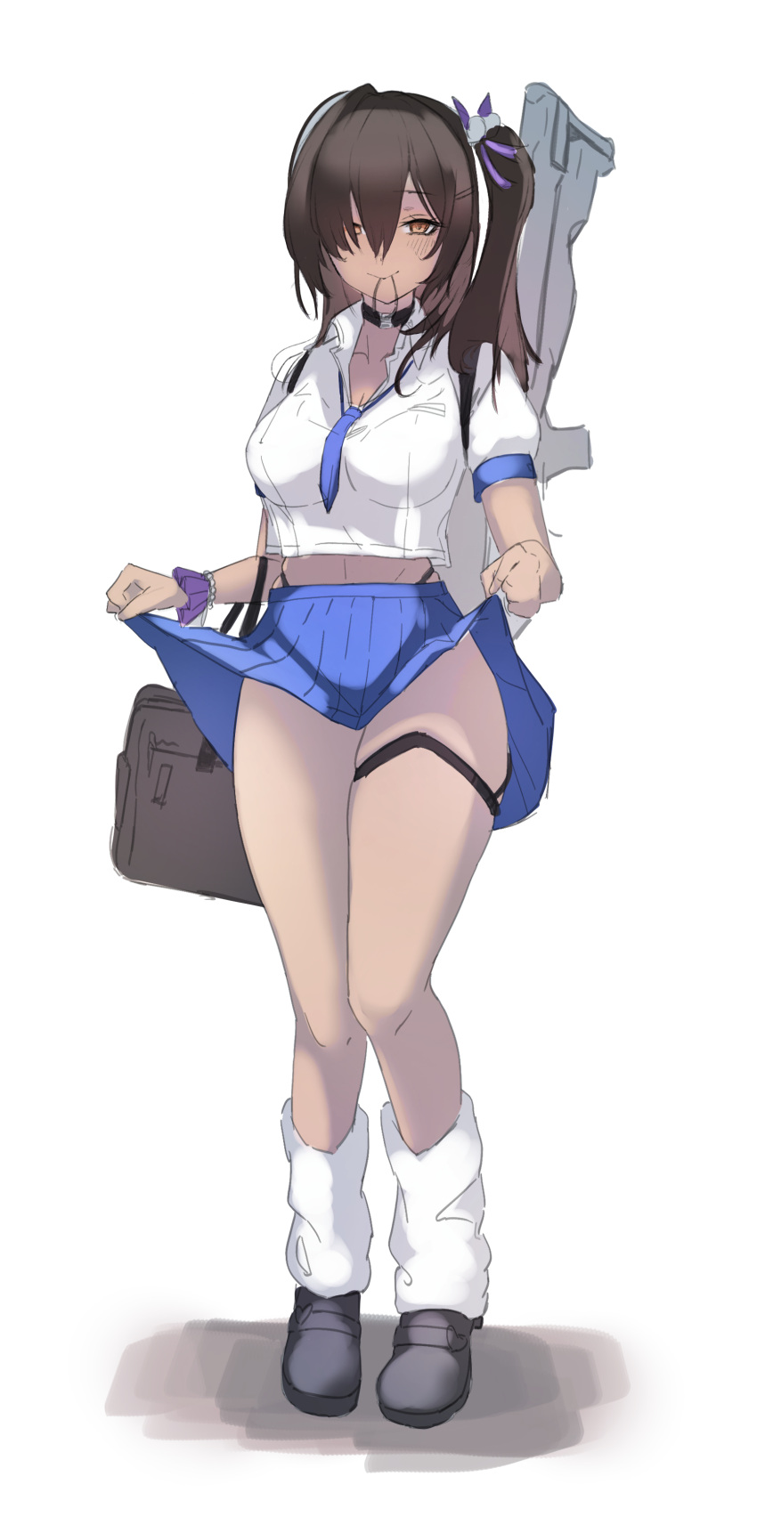 1girl, absurdres, bag, black_footwear, brown_hair, choker, clothes_lift, dark-skinned_female, dark_skin, goddess_of_victory:_nikke, hairband, highres, jindogod, loose_socks, naga_(nikke), school_bag, school_uniform, side_ponytail, simple_background, skirt, skirt_lift, socks, solo, thigh_strap, weapon, white_background, yellow_eyes