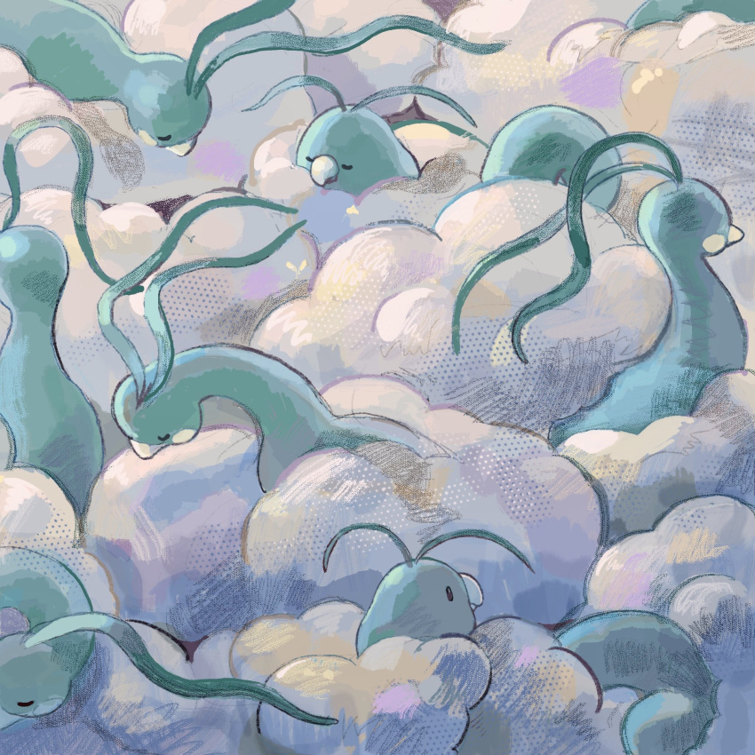 altaria, animal_focus, beak, bird, closed_eyes, clouds, facing_away, highres, no_humans, pokemon, pokemon_(creature), sakusakufugashi, swablu, white_clouds