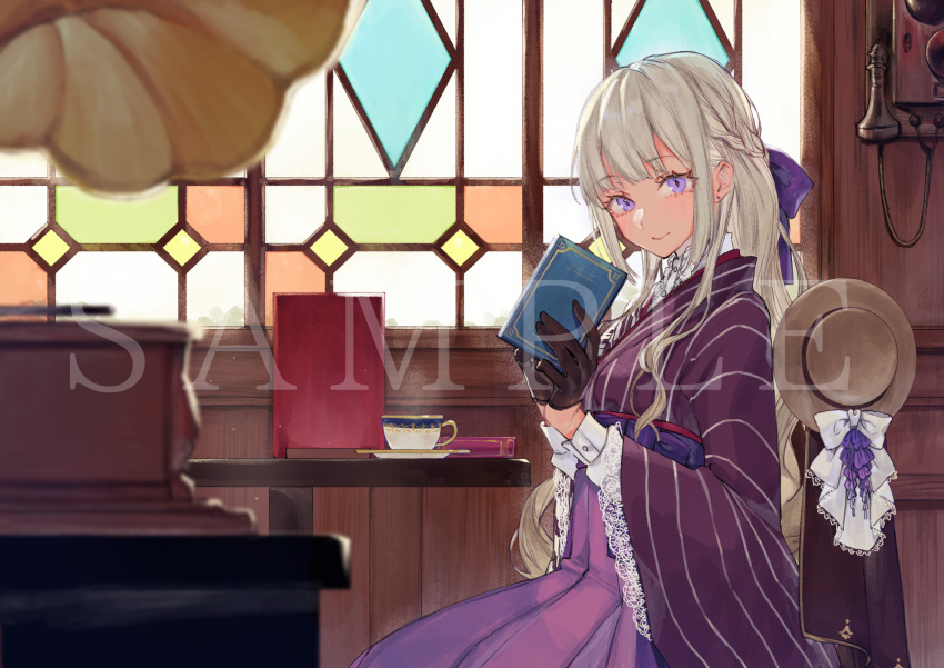 1girl, black_gloves, blurry, blurry_foreground, book, bow, braid, center_frills