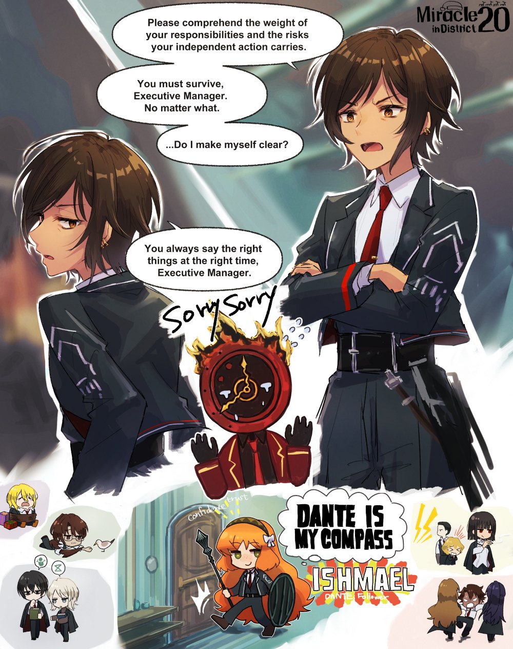 1other, 6+boys, 6+girls, bird, black_hair, black_pants, blonde_hair, brown_eyes