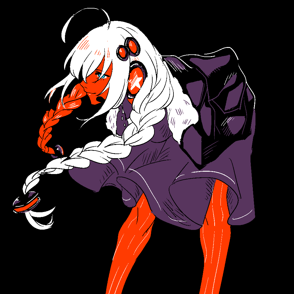 1girl, ahoge, alternate_hair_color, alternate_skin_color, bent_over, black_background, blue_eyes, braid