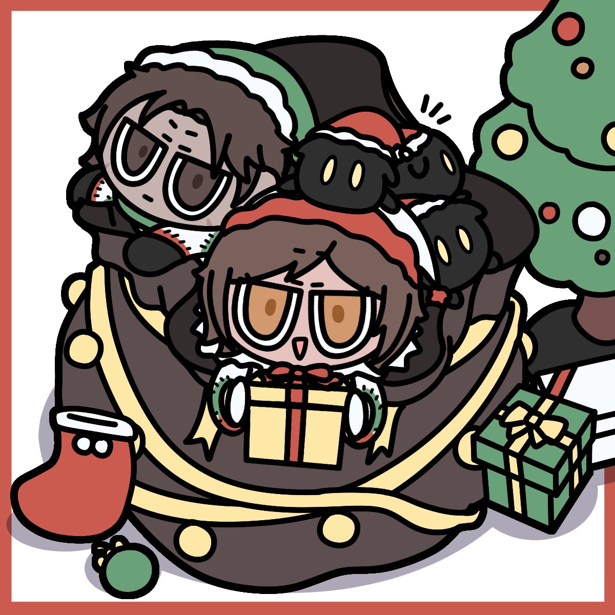 1boy, 1girl, black_gloves, bow, bowtie, brown_eyes, brown_hair, chibi