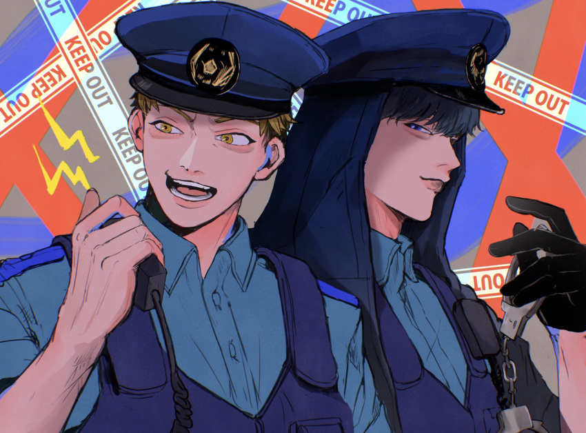 105_(105_x), 2boys, alternate_costume, black_gloves, black_hair, blonde_hair, blue_shirt, blue_vest, caution_tape, closed_mouth, collared_shirt, commentary_request, cuffs, dress_shirt, gloves, grey_background, handcuffs, hat, highres, holding, holding_handcuffs, holding_walkie-talkie, hood, hood_up, keep_out, long_sleeves, looking_at_viewer, looking_to_the_side, male_focus, multicolored_background, multiple_boys, napoli_no_otokotachi, open_mouth, peaked_cap, police, police_hat, police_uniform, policeman, shirt, short_hair, shoulder_boards, shout_lines, shu3_(napoli_no_otokotachi), side-by-side, smile, sugiru_(napoli_no_otokotachi), uniform, upper_body, very_short_hair, vest, walkie-talkie, yellow_eyes