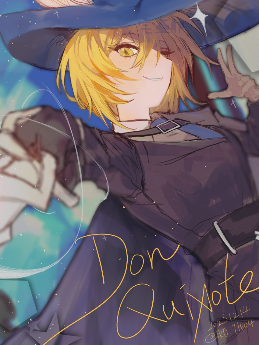 1girl, absurdres, belt, black_belt, black_cape, black_jacket, blonde_hair, blue_headwear