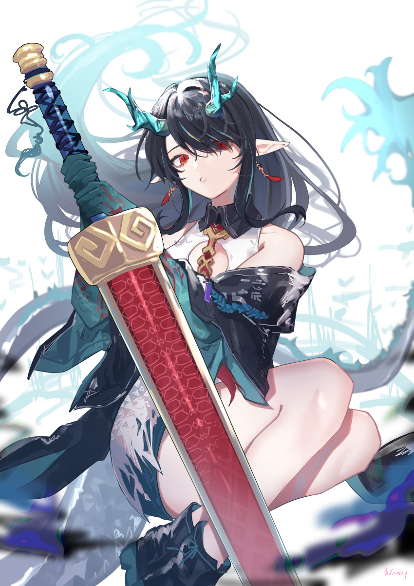 1girl, absurdres, arknights, arm_tattoo, black_footwear, black_hair, black_jacket, boots