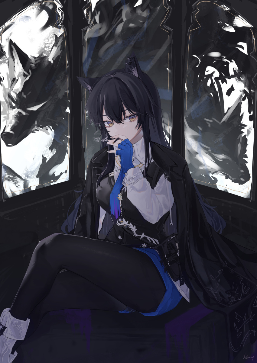 1girl, absurdres, animal_ear_piercing, animal_ears, arknights, black_hair, black_pantyhose, black_vest