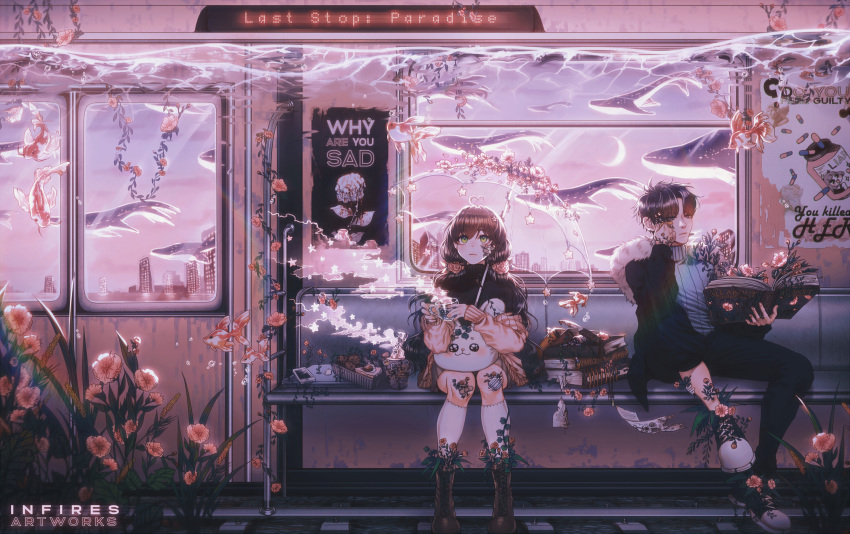 2girls, ahoge, arm_support, artist_name, bandaid, bandaid_on_face, black_hair, book