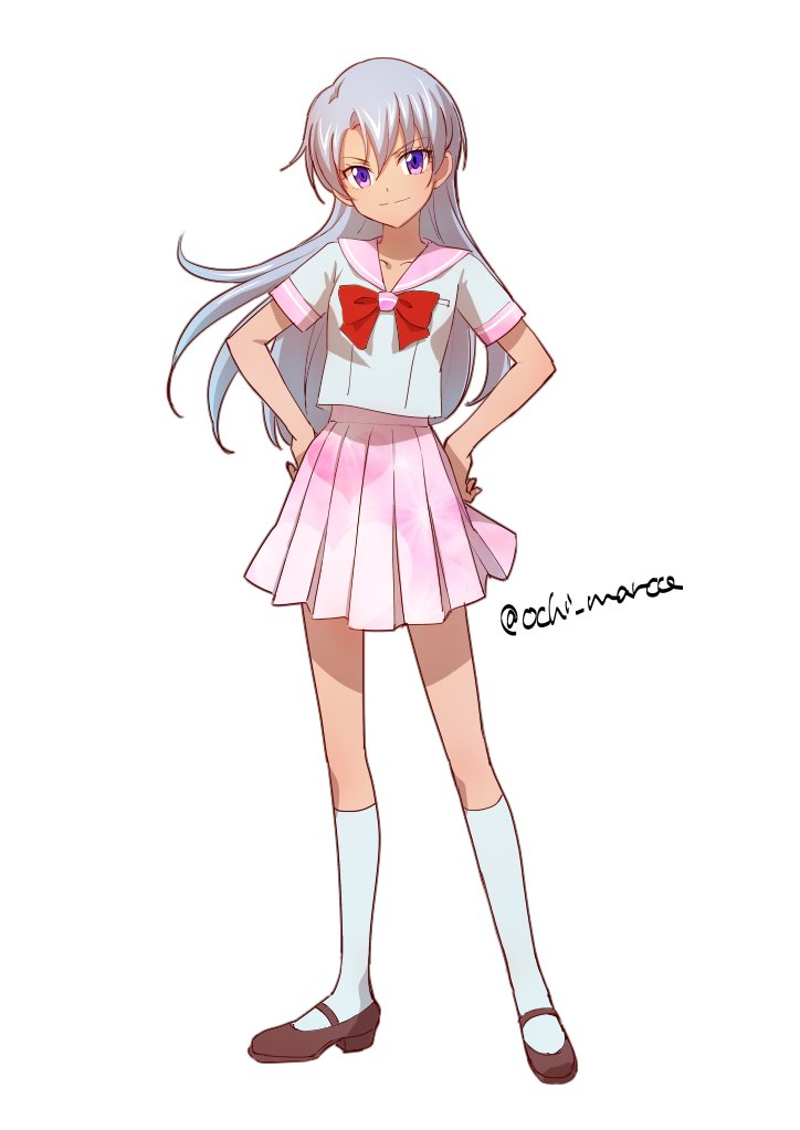 1girl, artist_name, bow, brown_footwear, grey_hair, hands_on_own_hips, kneehighs, long_hair