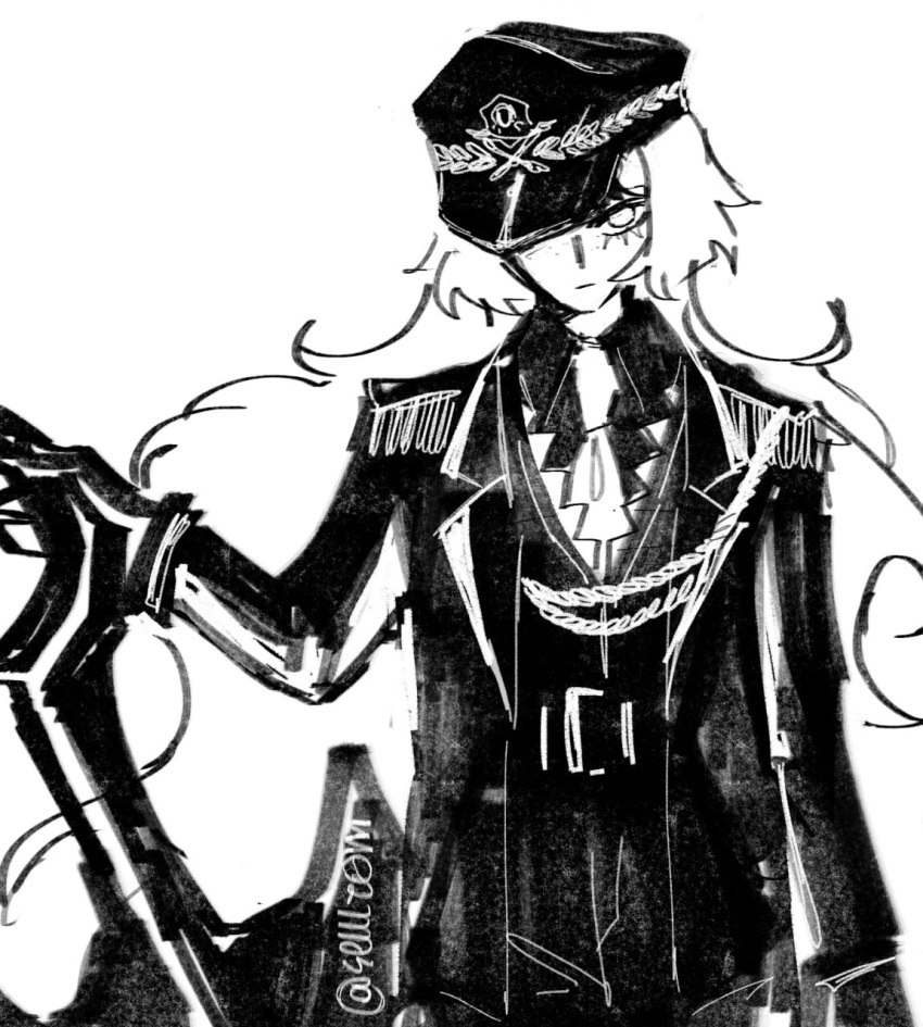 1girl, aiguillette, anchor, belt, coat, collared_shirt, e.g.o_(project_moon), epaulettes, greyscale, highres, ishmael_(project_moon), limbus_company, long_hair, long_sleeves, monochrome, necktie, pants, project_moon, selllrom, shirt, simple_background, sketch, solo, upper_body, very_long_hair