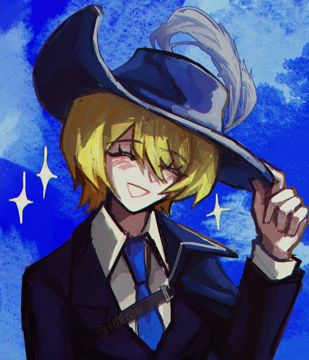 1girl, blonde_hair, blue_cape, blue_headwear, blue_necktie, blue_sky, cape, closed_eyes