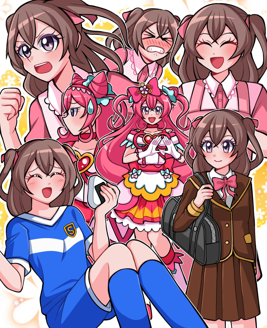 >_<, 1jumangoku, 2girls, apron, bag, bare_shoulders, black_bag, blazer
