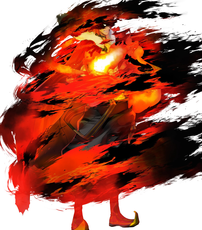 1boy, abs, attack, black_choker, black_fire, black_pants, cape, choker, dark-skinned_male, dark_skin, fiery_hair, fire, fire_emblem, fire_emblem_heroes, flaming_hand, fur-trimmed_cape, fur_trim, glowing, glowing_eye, hair_over_one_eye, highres, muscular, muscular_male, muspell_(fire_emblem), non-web_source, official_art, orange_hair, pants, red_cape, red_eyes, solo
