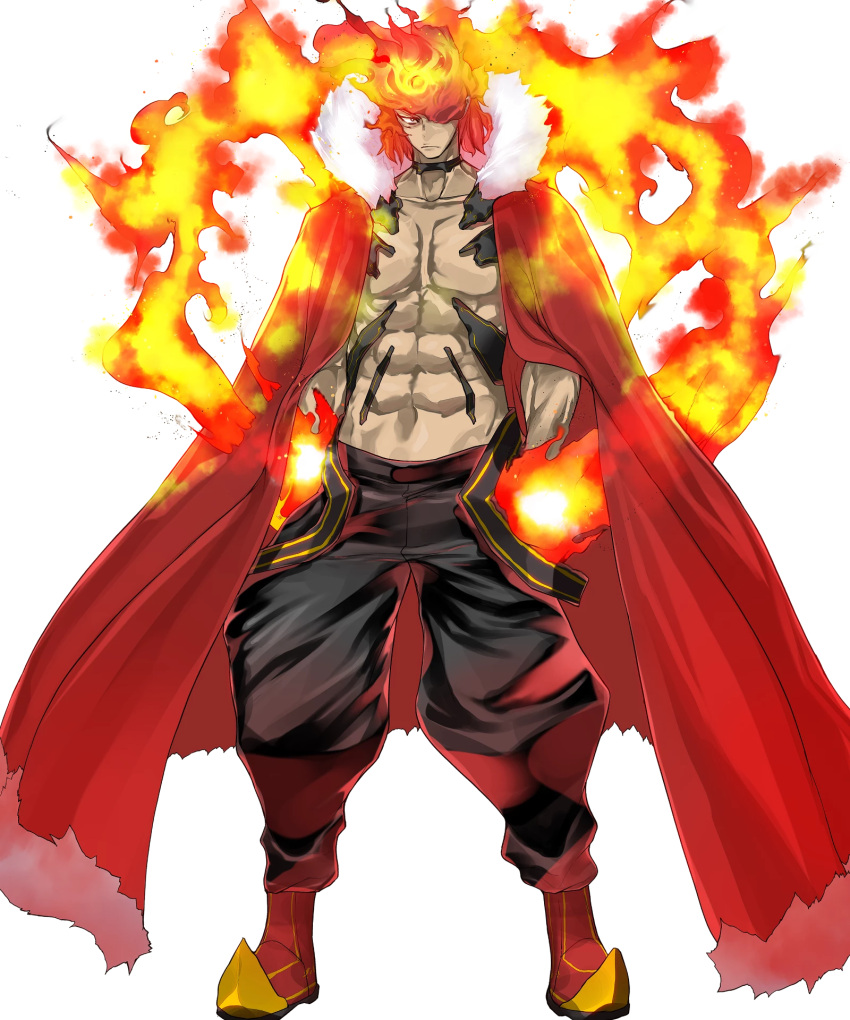 1boy, abs, black_choker, black_pants, body_markings, cape, choker, dark-skinned_male