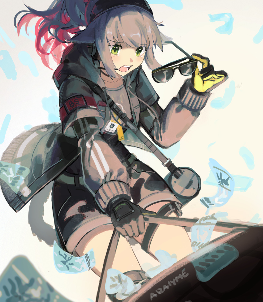 1girl, animal_ears, araiyme, arknights, armband, artist_name, bag, bent_over