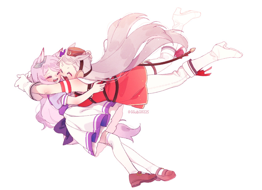 2girls, ^_^, animal_ears, armband, blush, boots, bow, breasts