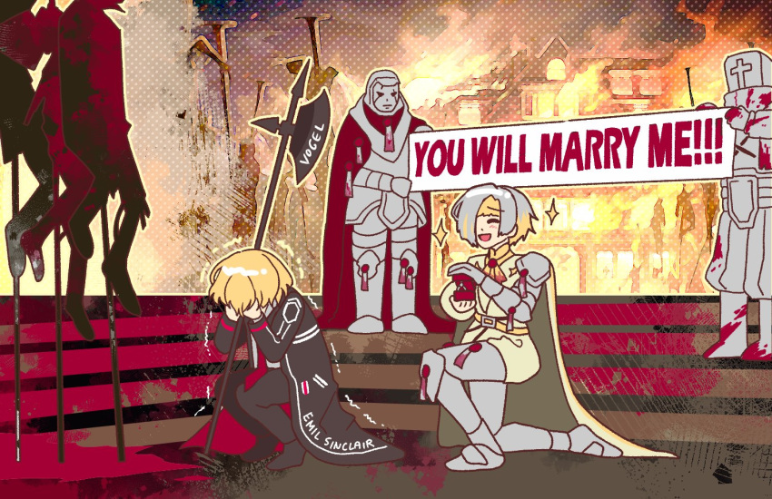 1girl, 1other, 2boys, armor, arson, black_pants, blonde_hair, cape
