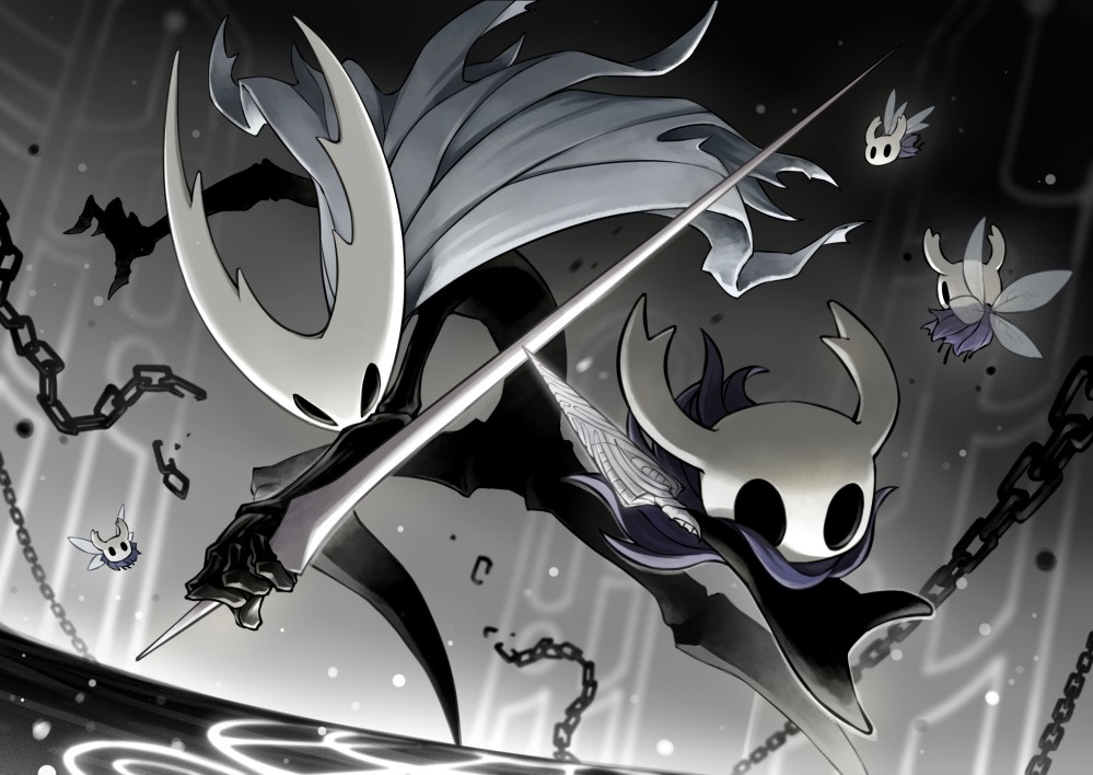 5others, blank_eyes, chain, cloak, flying, fuifui, full_body, grey_cloak, holding, holding_sword, holding_weapon, hollow_eyes, hollow_knight, hollow_knight_(character), horned_mask, horns, insect_wings, knight_(hollow_knight), mask, multiple_others, nail_(hollow_knight), no_humans, pure_nail_(hollow_knight), sword, weapon, wings