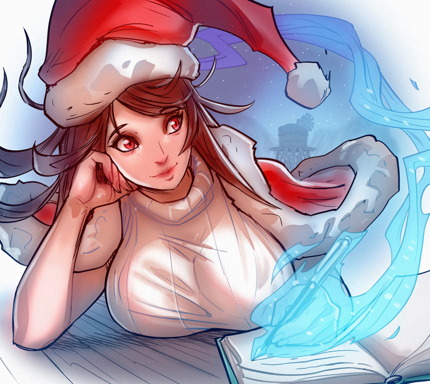 1girl, book, breasts, brown_hair, capelet, closed_mouth, davecavedraws, final_fantasy