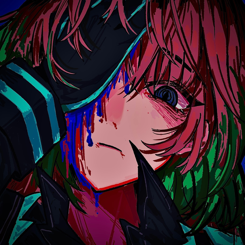 1girl, black_coat, black_gloves, black_shirt, blood, blue_blood, blush, coat, collared_shirt, e.g.o_(project_moon), feng_bang, freckles, gloves, green_hair, highres, ishmael_(project_moon), limbus_company, long_sleeves, looking_at_viewer, multicolored_hair, orange_hair, portrait, project_moon, shirt, solo, streaked_hair