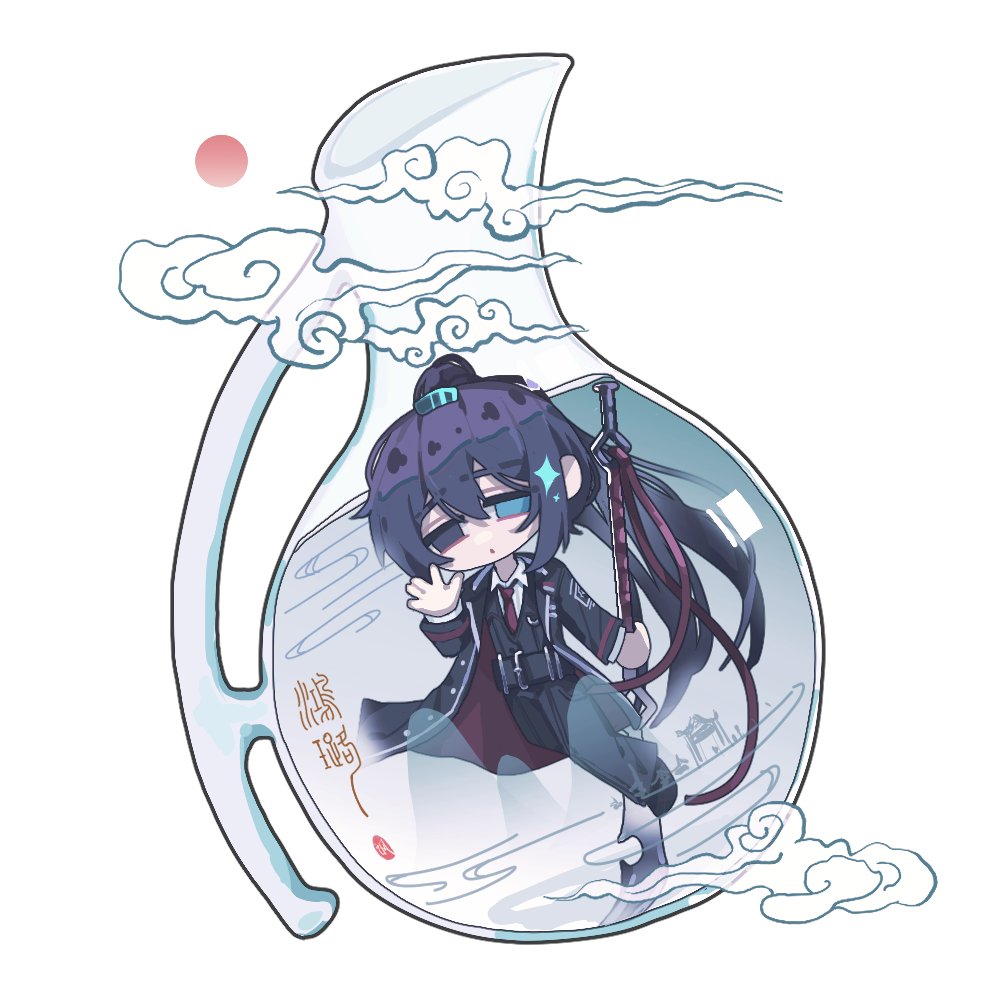 1boy, aqua_eyes, belt, black_belt, black_eyes, black_hair, chibi, clouds