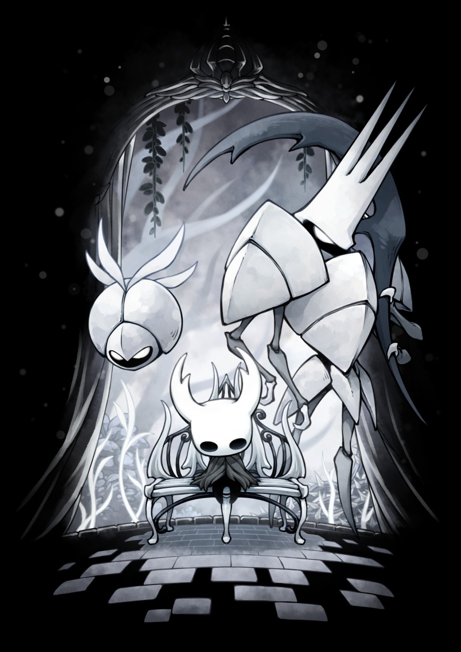 armor, arthropod_limbs, bench, cloak, extra_arms, flying, fuifui, grey_cloak, helmet, highres, holding, holding_weapon, hollow_eyes, hollow_knight, horned_mask, insect_wings, kingsmould, knight_(hollow_knight), mask, no_humans, shoulder_armor, sitting, sitting_on_bench, standing, thorns, weapon, white_armor, wingmould, wings
