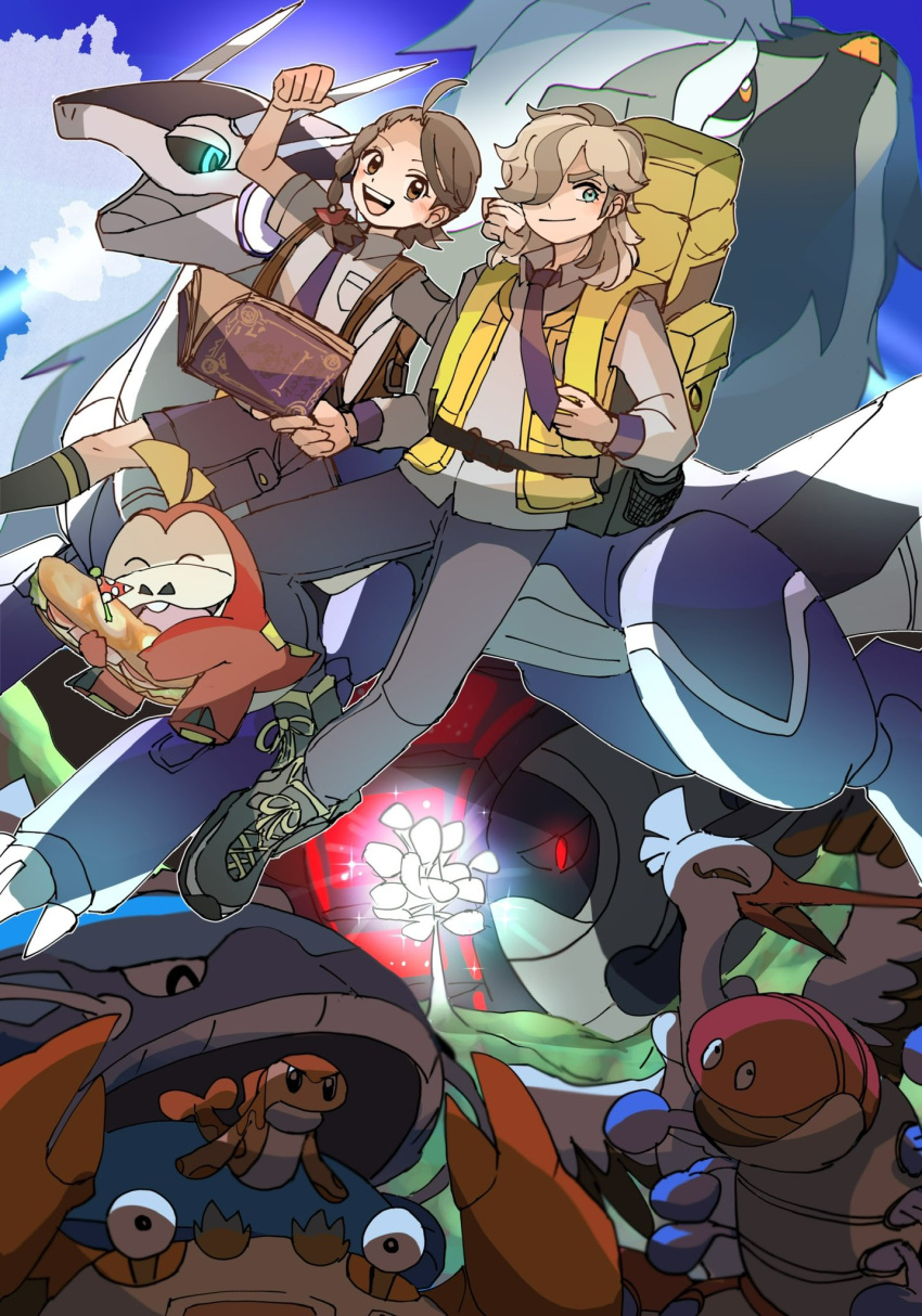 1boy, 1girl, arven_(pokemon), backpack, bag, beak, belt, black_sclera, blue_eyes, blue_skin, blue_sky, bombirdier, book, brown_bag, brown_hair, closed_eyes, clouds, colored_sclera, colored_skin, commentary_request, crab, crocodilian, dog, dondozo, fangs, fish, flower, fuecoco, glowing, glowing_eyes, great_tusk, grey_hair, highres, holding, holding_book, juliana_(pokemon), klawf, mabosstiff, medium_hair, miraidon, non_pmpm, open_mouth, orthworm, pokemon, pokemon_(creature), pokemon_sv, red_eyes, school_uniform, skin_fangs, sky, smile, submarine_sandwich, tatsugiri, tatsugiri_(curly), teeth, uva_academy_school_uniform, v-shaped_eyebrows, white_flower, yellow_bag