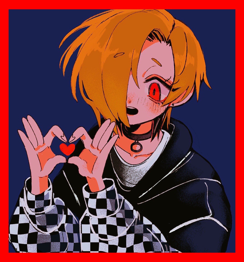 1girl, aegyo_sal, alternate_costume, black_choker, black_hoodie, blonde_hair, blue_background, blush, border, checkered_sleeves, choker, collarbone, commentary_request, earrings, hair_over_one_eye, hands_up, heart, heart_hands, highres, hood, hood_down, hoodie, idolmaster, idolmaster_cinderella_girls, jewelry, long_bangs, long_sleeves, looking_at_hands, nayo_(kr_000515), one_eye_covered, open_mouth, pendant_choker, puffy_long_sleeves, puffy_sleeves, raised_eyebrows, red_border, red_eyes, sanpaku, shirasaka_koume, shirt, short_hair, simple_background, solo, stud_earrings, upper_body, white_shirt