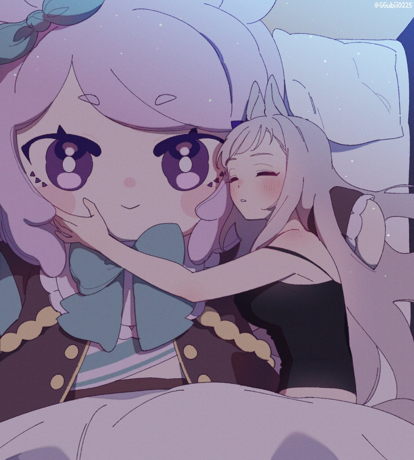1girl, animal_ears, bed, black_shirt, blanket, blush, breasts, camisole
