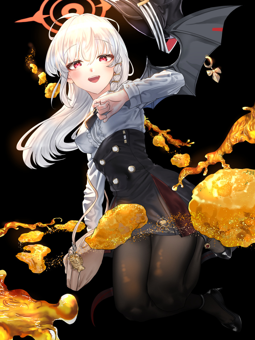 1girl, absurdres, black_necktie, black_pantyhose, black_skirt, blue_archive, blush, braid