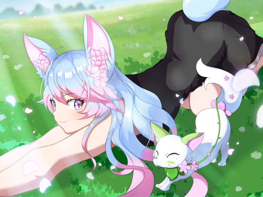 1girl, absurdres, animal, animal_ears, antenna_hair, black_dress, blue_hair, blurry