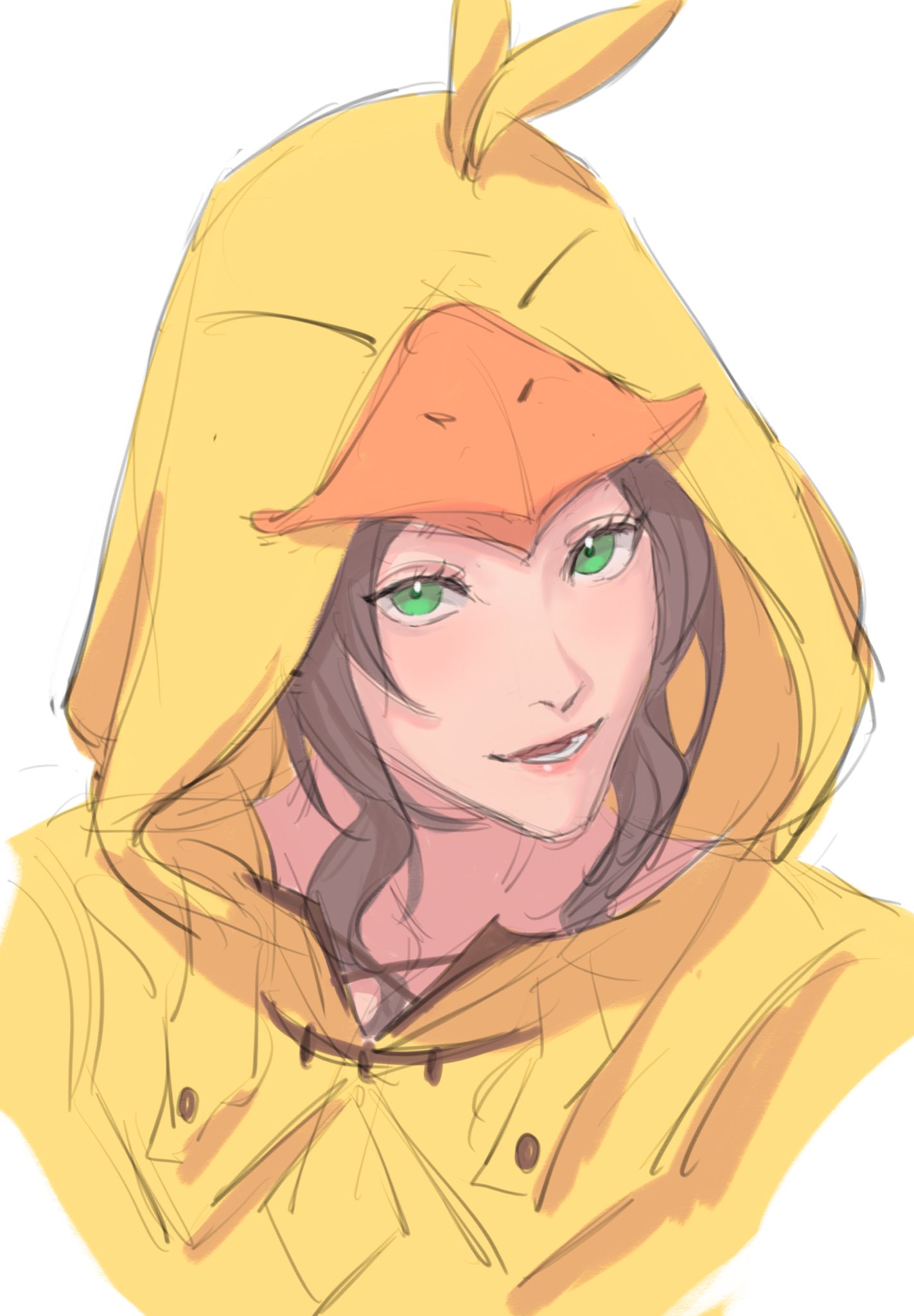 1girl, aerith_gainsborough, aerith_gainsborough_(chocobo_suit), bird_hood, brown_hair, chocobo, final_fantasy, final_fantasy_vii